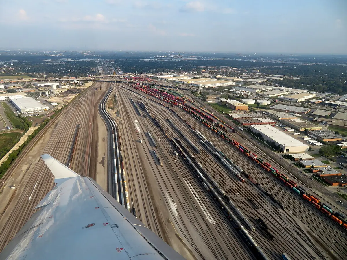 Aerial view of Bensenville rail yard and warehouses near O'Hare — security guards Bensenville and Franklin Park IL