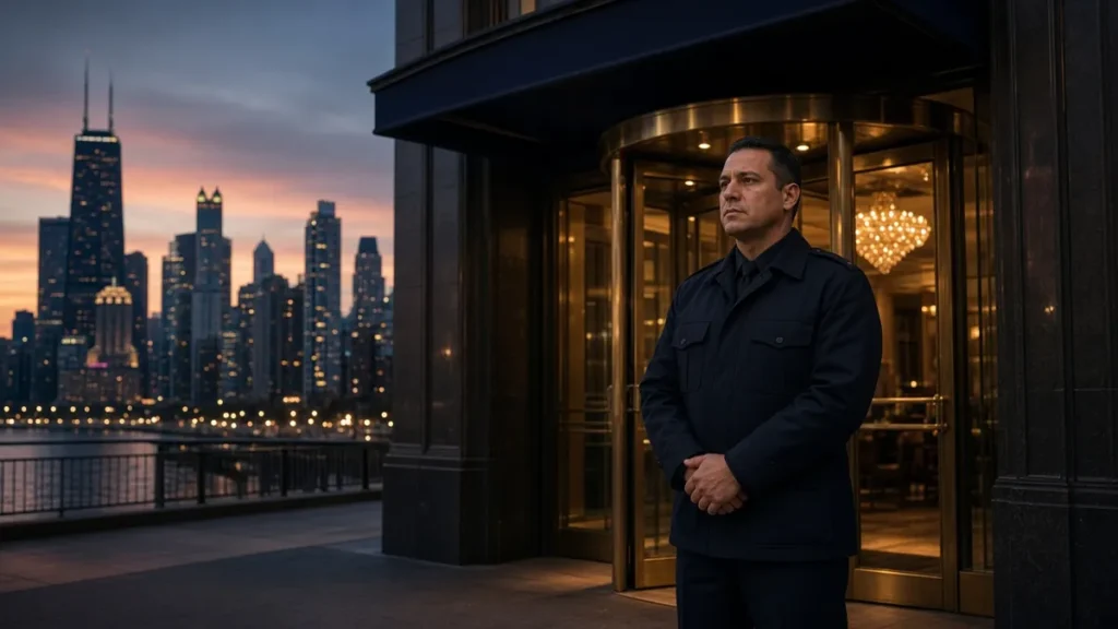 Security officer at the entrance of a downtown Chicago hotel