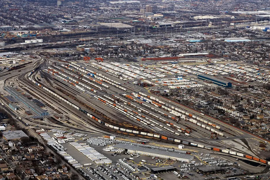 Aerial view of the Corwith intermodal rail yard and industrial buildings in Chicago — industrial security guards Chicago