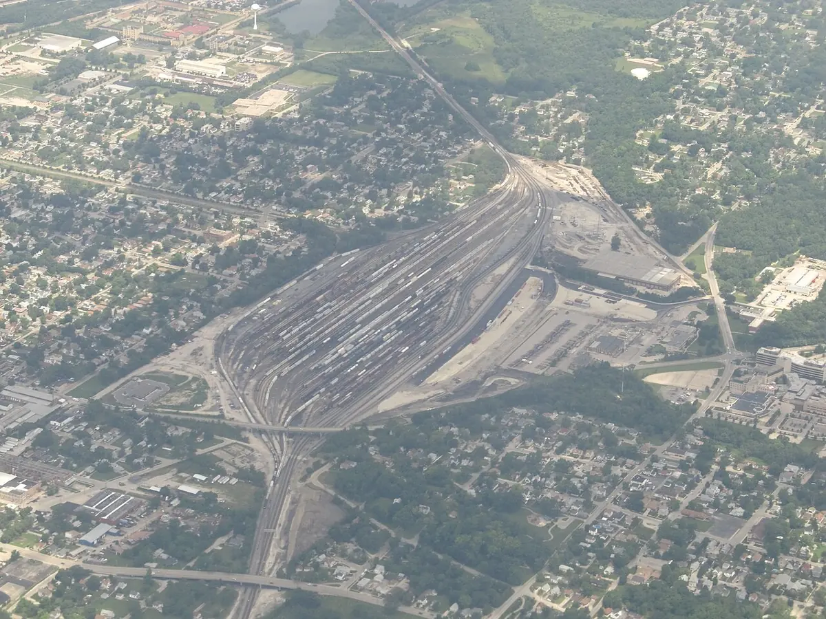 Aerial view of the Joliet Intermodal Terminal rail yard — warehouse security guards Joliet IL