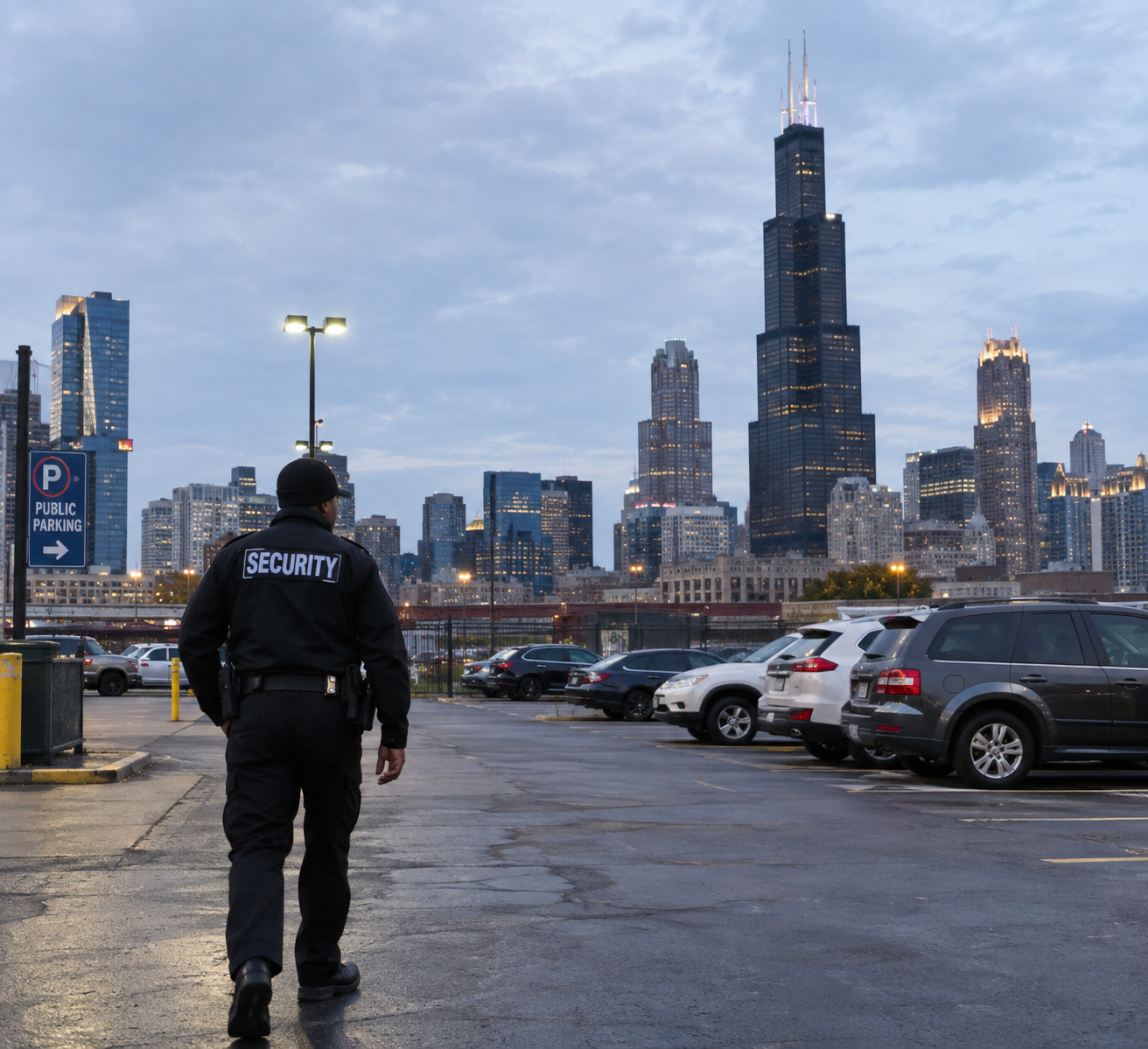 Security guard patrolling a Chicago parking lot