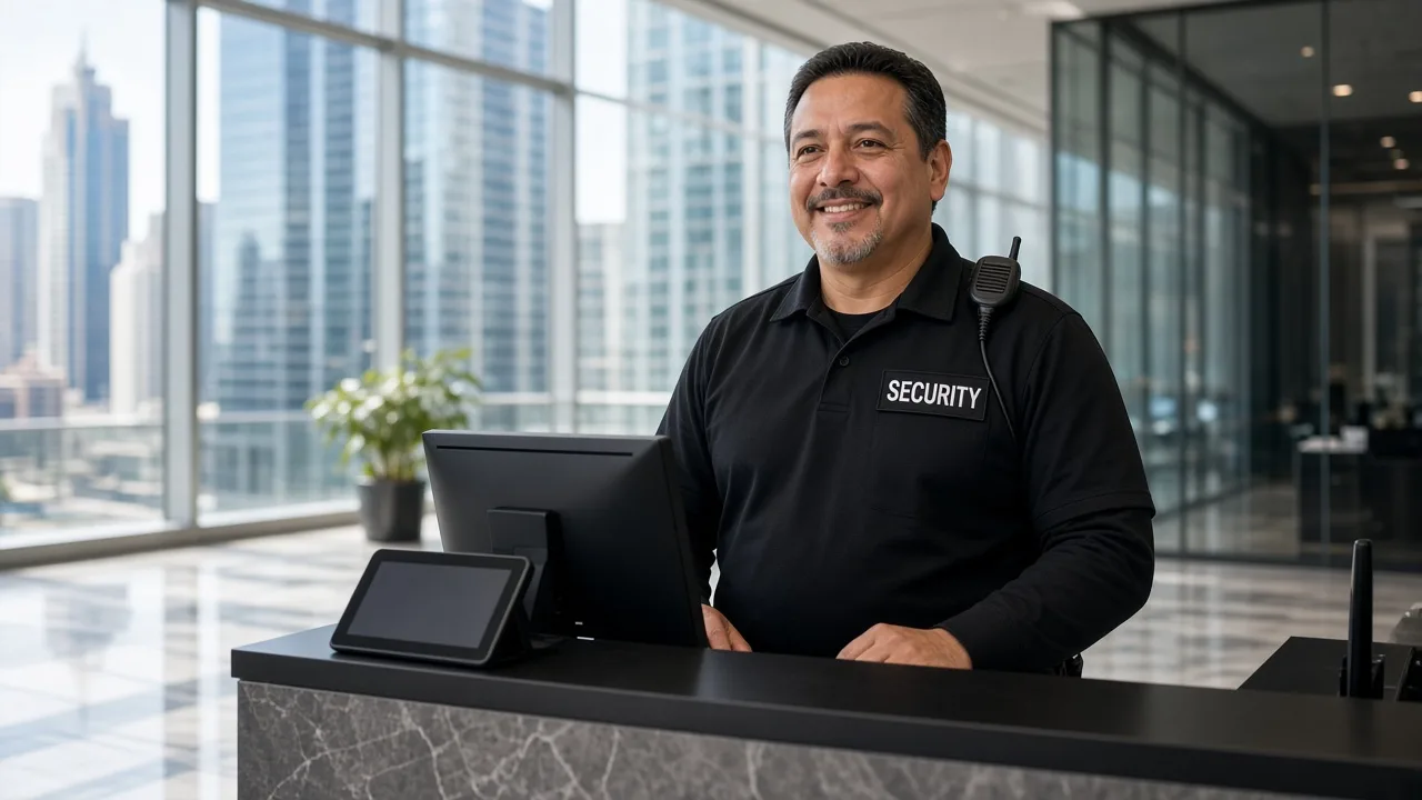 Unarmed security guard at a Chicago front desk