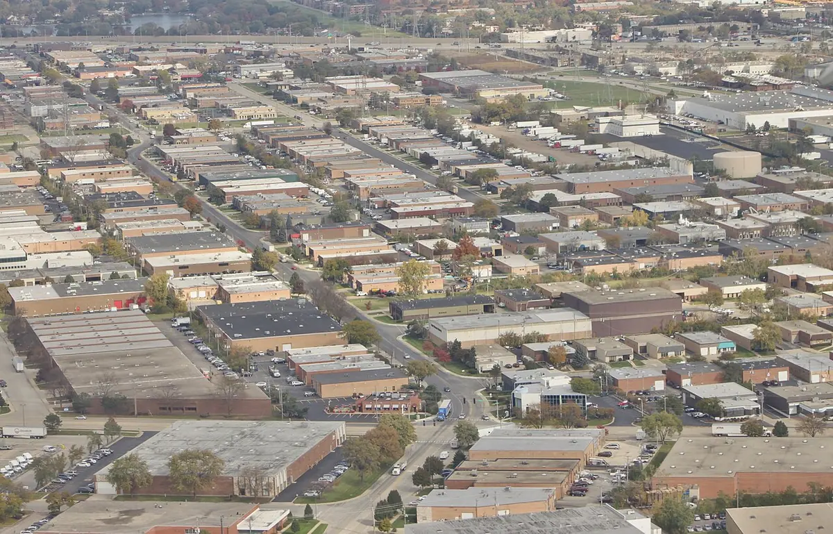 Aerial view of the Elk Grove Village industrial park near O'Hare — warehouse security Elk Grove Village IL