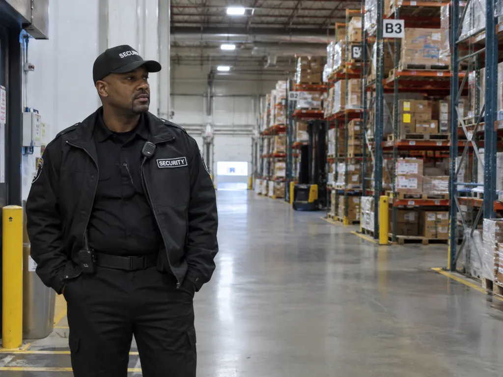 Switch security guard company: a uniformed guard inside a Chicago-area warehouse